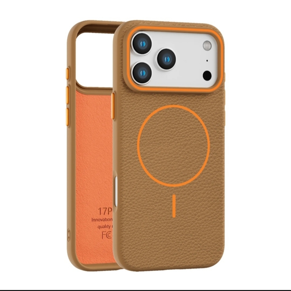 Premium Leather Phone Case Iphone 17 Pro Max- Tan & Orange